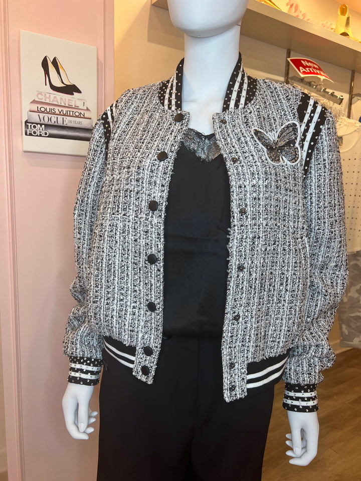 Tweed Rhinestone Bomber Jacket